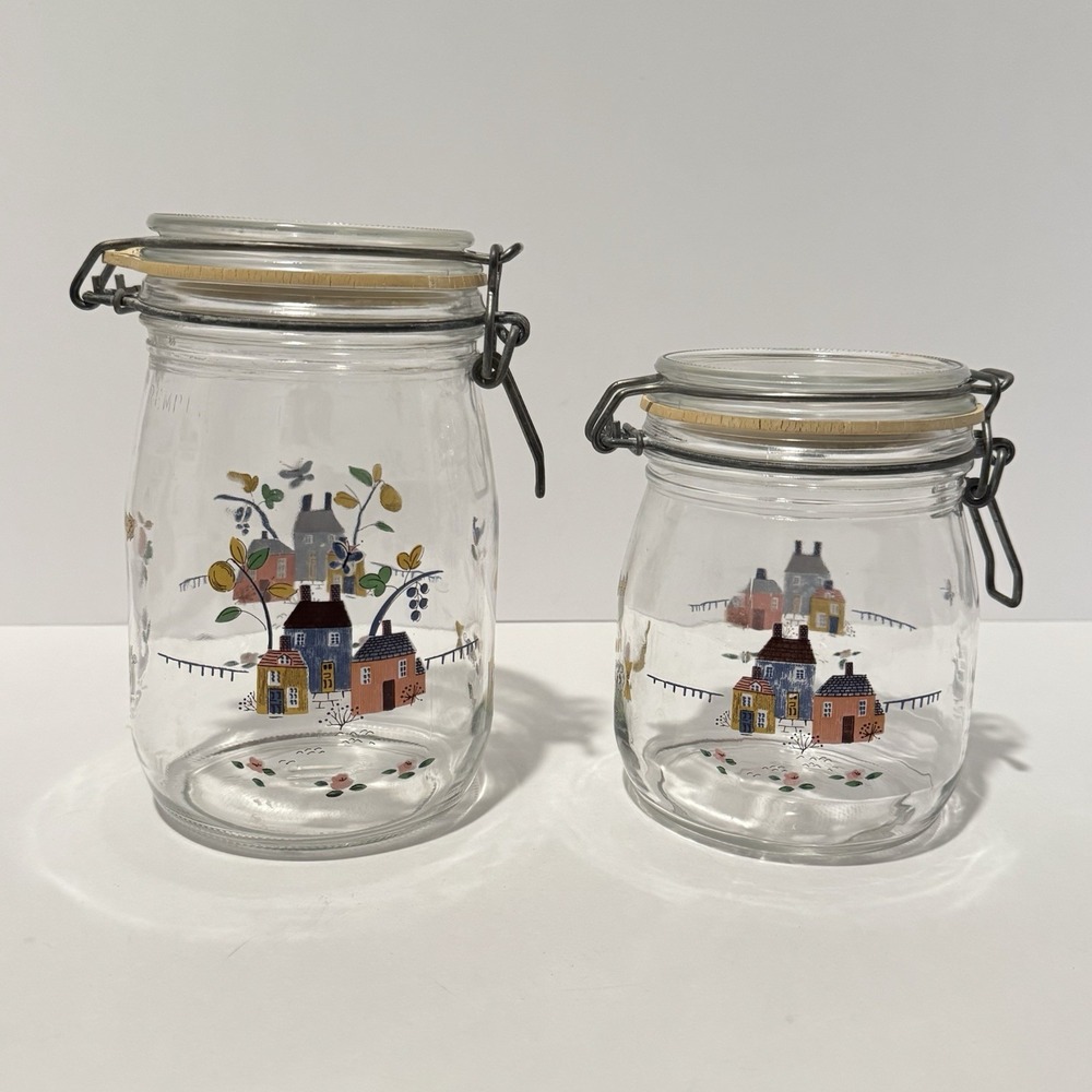 Vintage ARC France Heartland Glass Bail Lid Jar Hinged 1L & 3/4L Set of 2